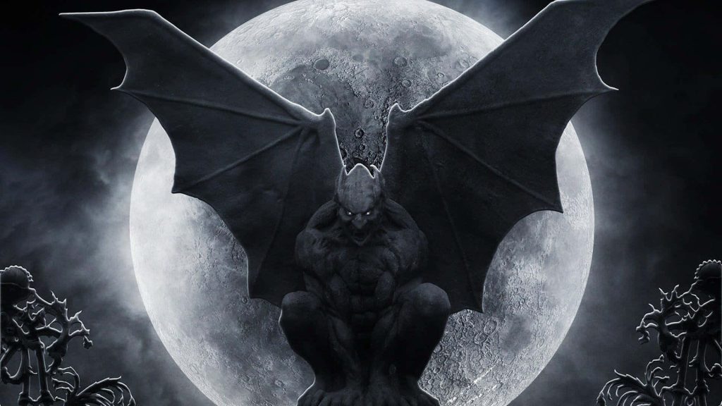 Menacing winged gargoyle crouching before large glowing full moon gothic dark fantasy wallpaper