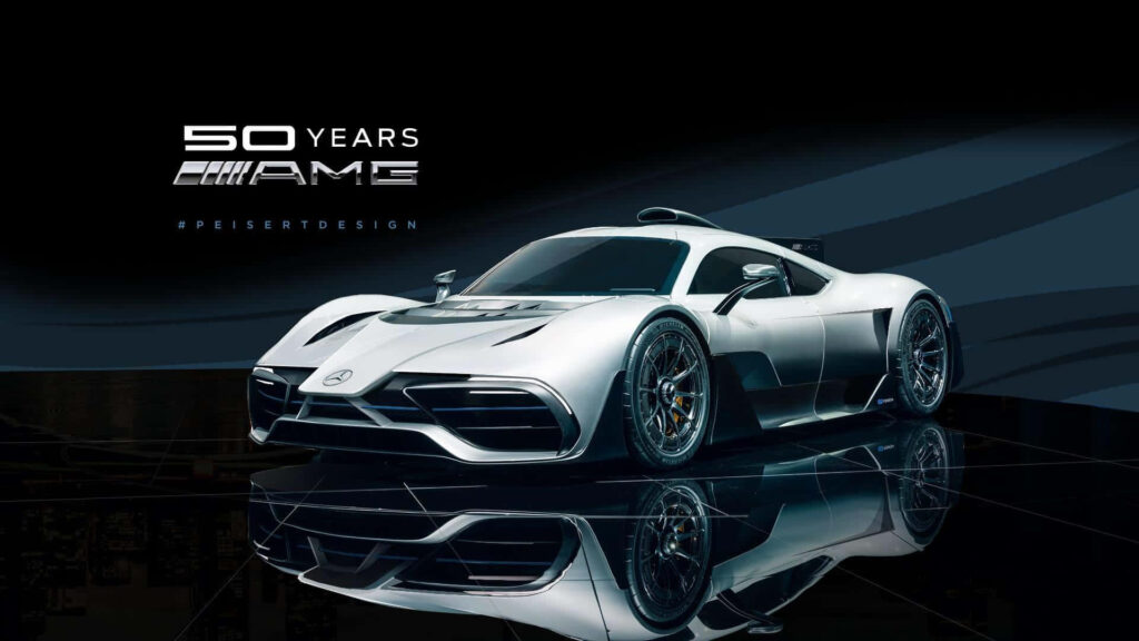 Silver Mercedes AMG hypercar wallpaper celebrating 50 years with sleek modern background