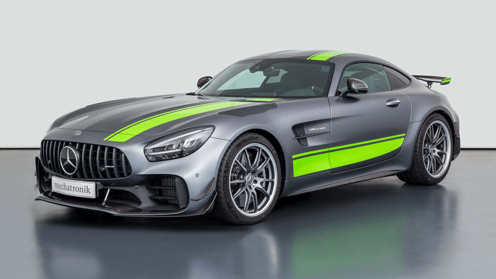 Mercedes AMG GT R 2019 with aggressive design green stripes high performance car wallpaper background