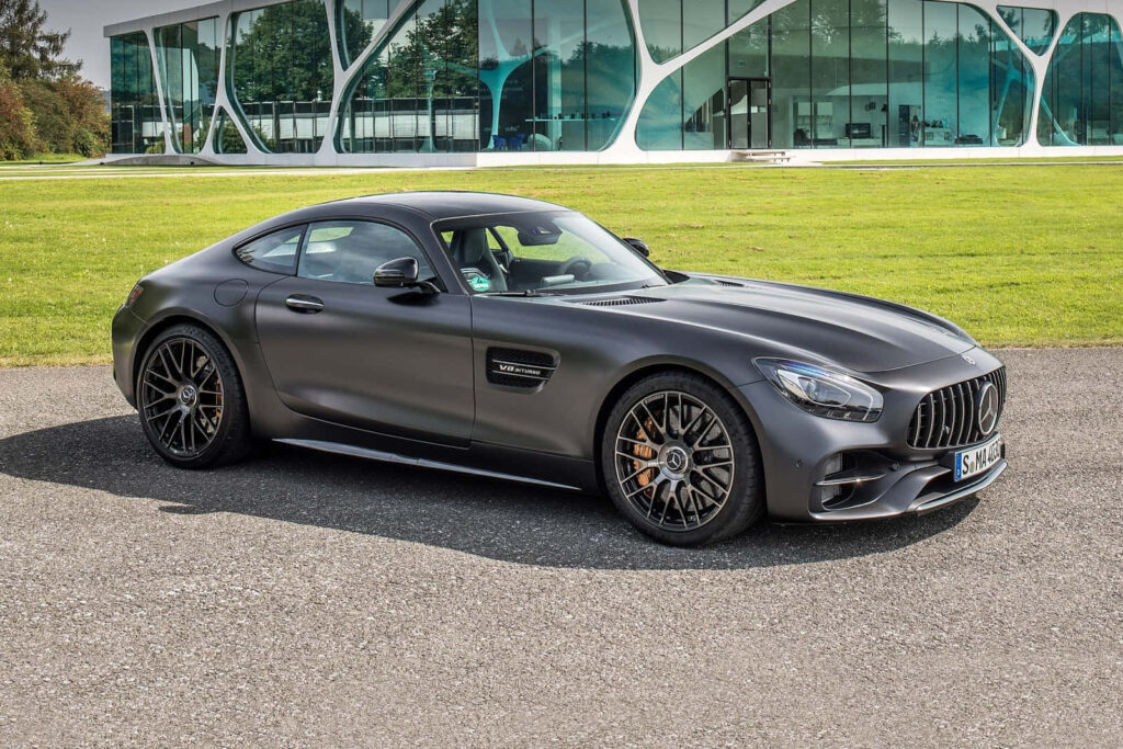 Mercedes AMG GT R matte black aggressive design high performance sports car wallpaper background