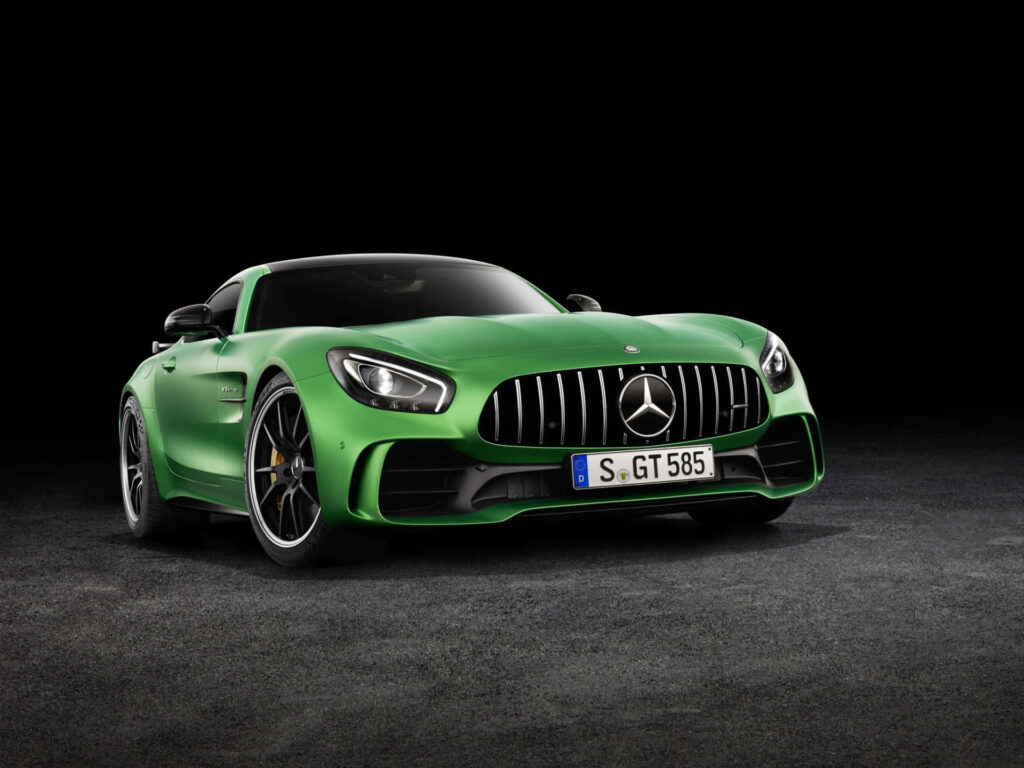 Mercedes AMG GT R vibrant green minimalist wallpaper dark background aggressive design sleek contours
