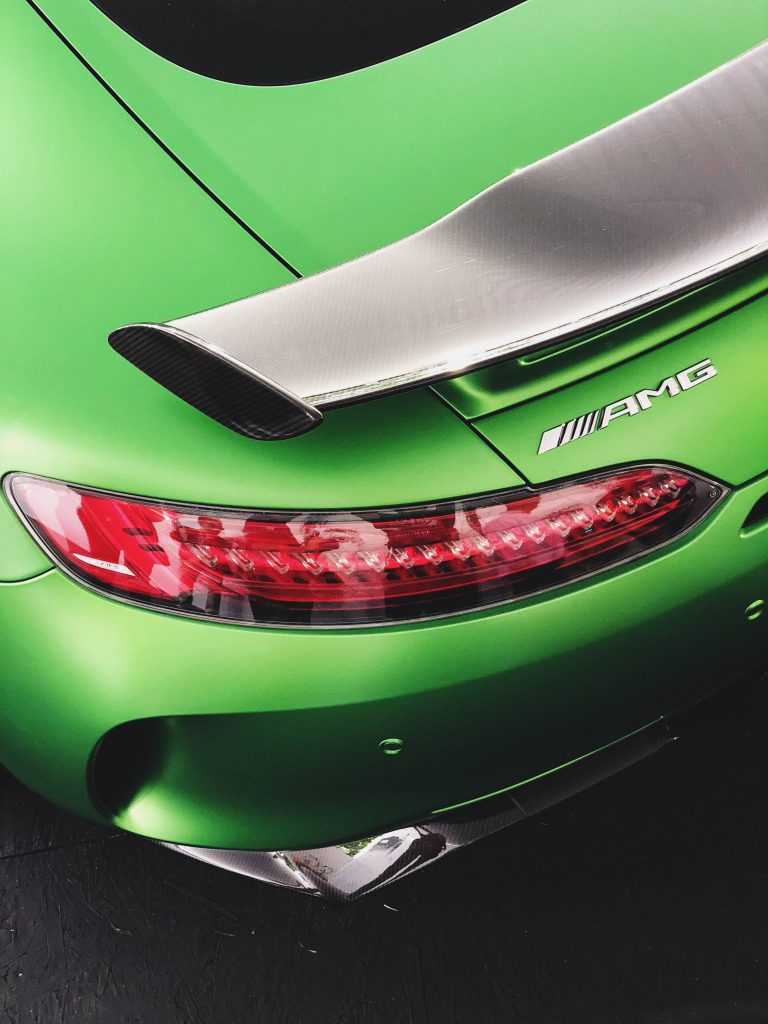 Mercedes-AMG GTR rear close-up matte green carbon fiber wing LED taillights wallpaper