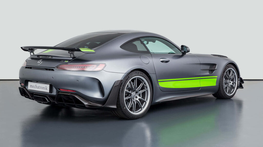 Mercedes AMG GT-R matte grey with green accents showcasing sleek powerful high-performance design Wallpaper