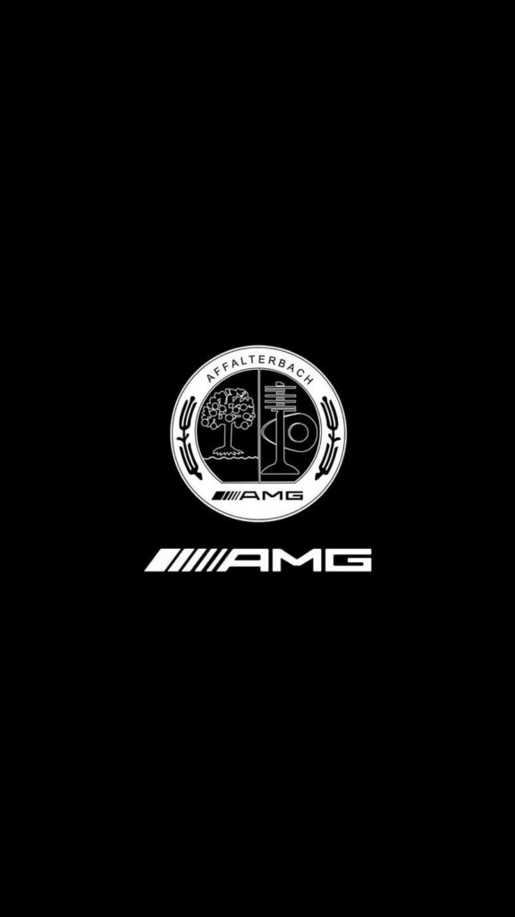 Black background wallpaper with bold white Mercedes AMG logo and emblem modern design
