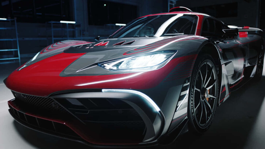 Close-up of Mercedes AMG Project One with futuristic design aggressive lines racing details wallpaper