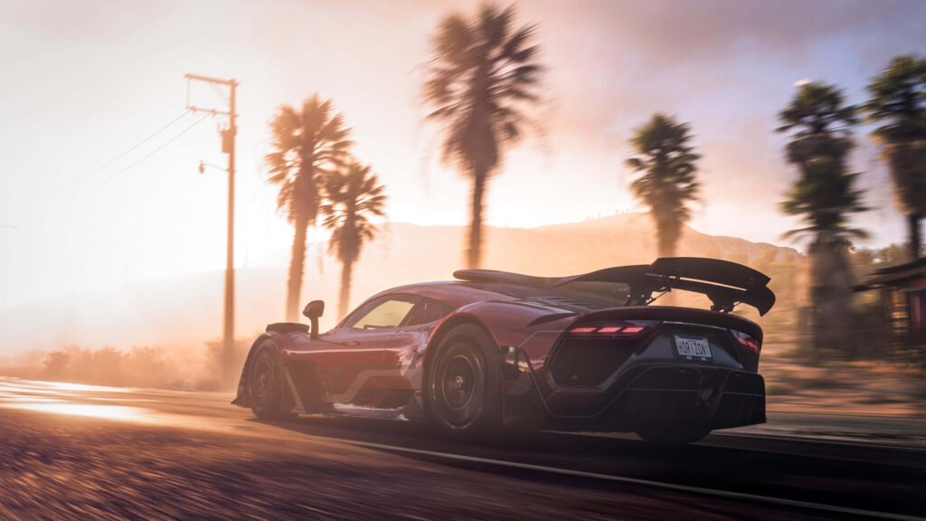 Mercedes AMG racing fast on sunlit palm-lined road realistic video game wallpaper background