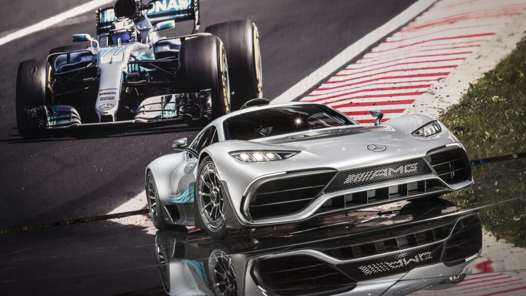 Mercedes AMG supercar front view with dynamic racing background showcasing luxury design Wallpaper