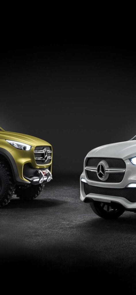 Mercedes-Benz X-Class gold and white front view studio wallpaper dark background design