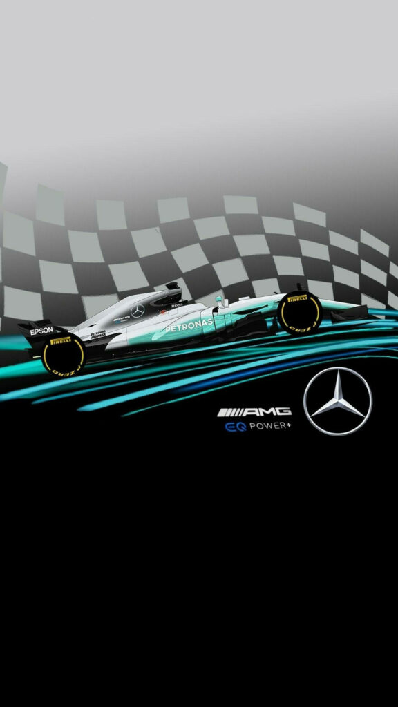 Mercedes F1 car wallpaper with Tiffany blue streaks and checkered flag background for iPhone