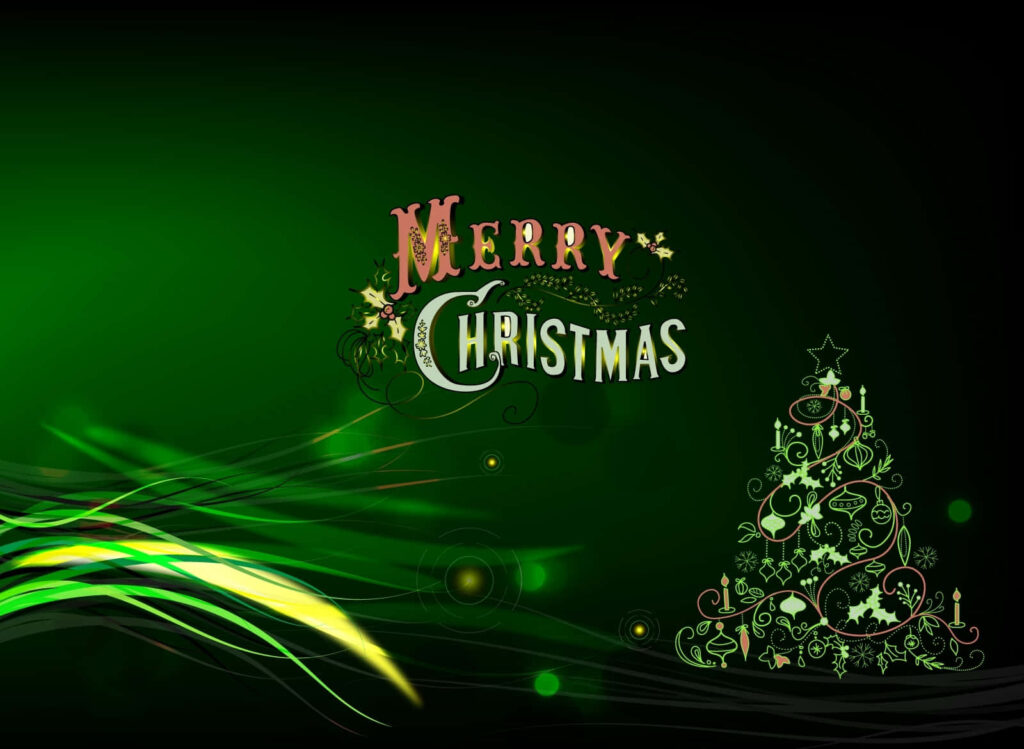 Festive Dark Green Christmas Tree Wallpaper with Whimsical Merry Christmas