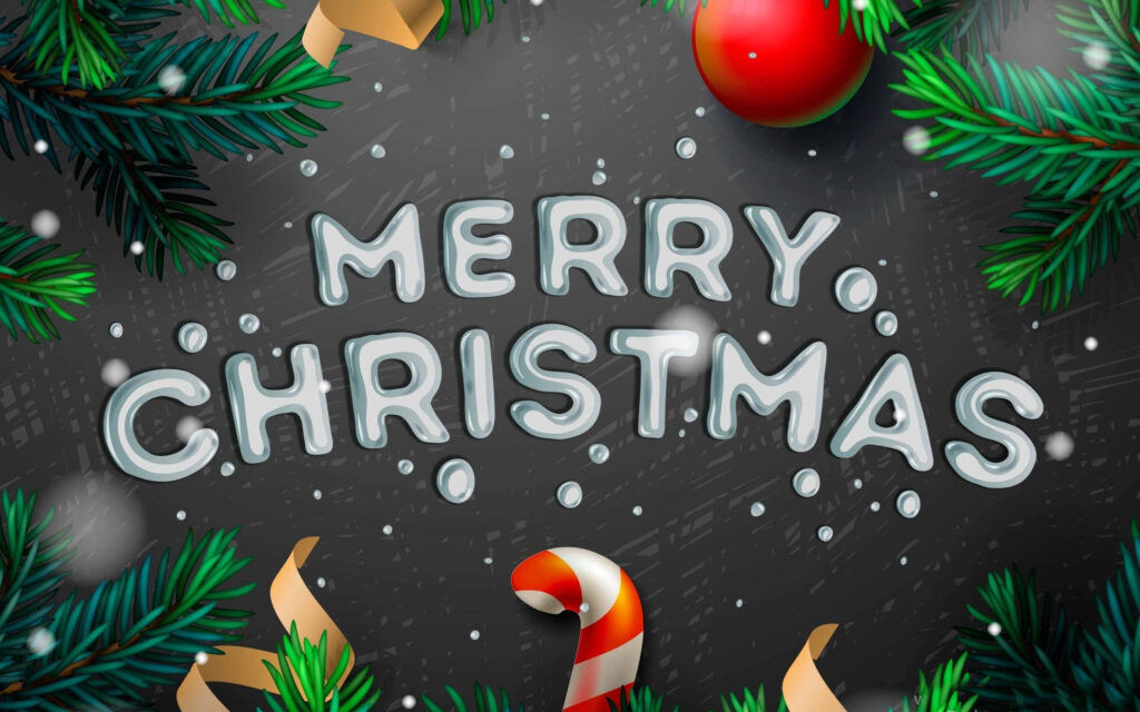 Cheerful Merry Christmas iPad Wallpaper with Pine & Ornaments
