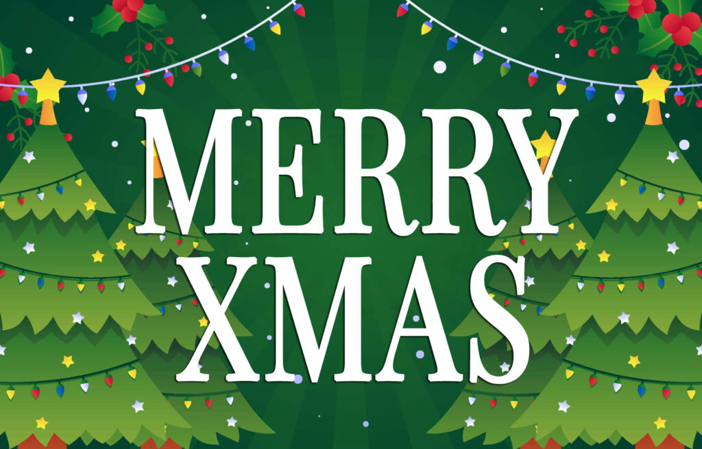 Cozy Green Merry Xmas Wallpaper with Trees & Lights Background