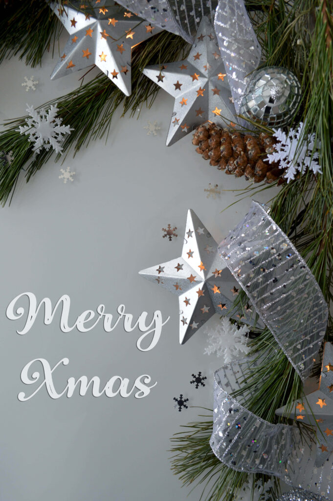 Cheerful Xmas Wallpaper with Silver Stars, Ribbons & Snowflakes