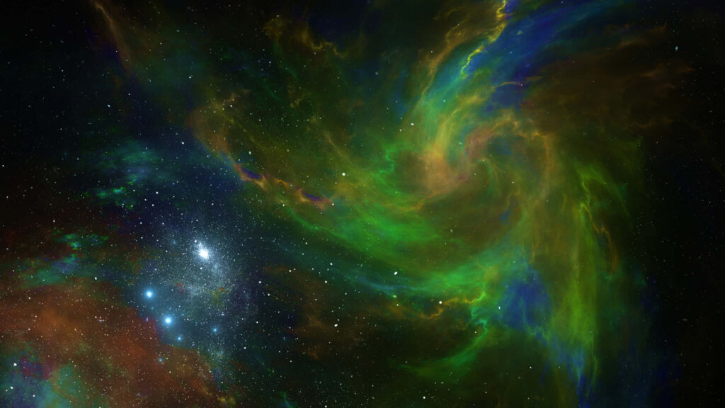 Vibrant 1440p space wallpaper with a green-blue-yellow nebula and twinkling stars.