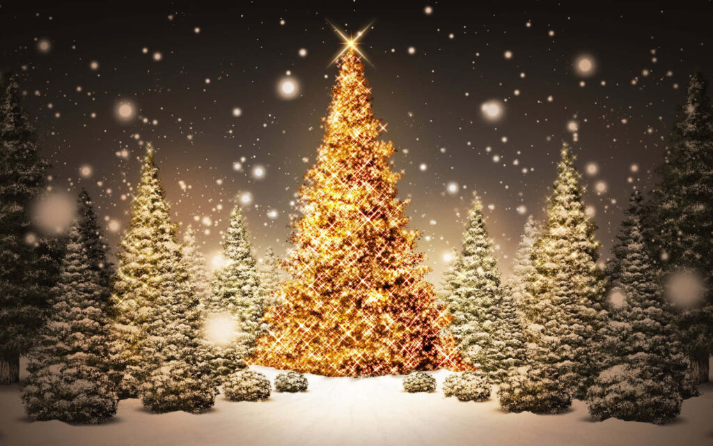 Enchanting 3D Christmas Wallpaper: Festive Tree & Snowy Wonderland
