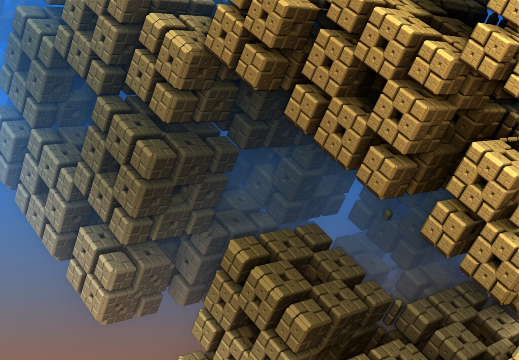 Stunning 3D Fractal Wallpaper: Interlocking Cubes in Gold & Blue