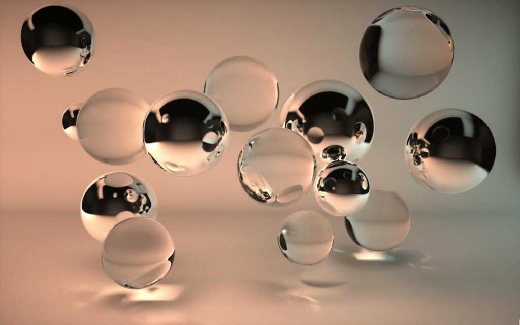 3D digital art wallpaper with floating transparent metallic spheres on warm gradient background