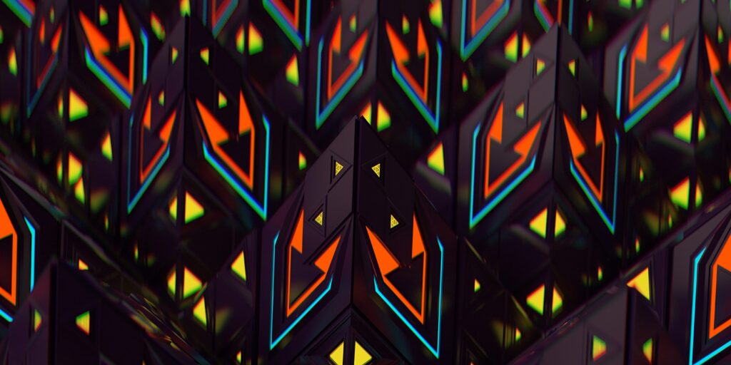 Vivid 3D Geometric Wallpaper: Neon Pyramids on Dark Background