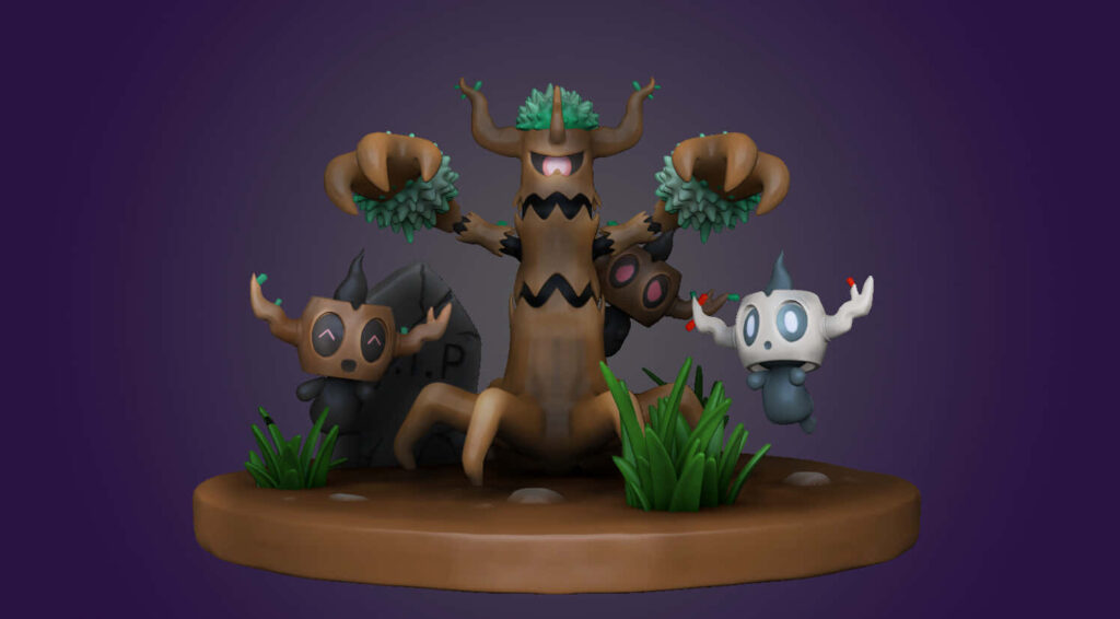 Spooky Phantump 3D Art Wallpaper: Eerie Trees & Purple Background