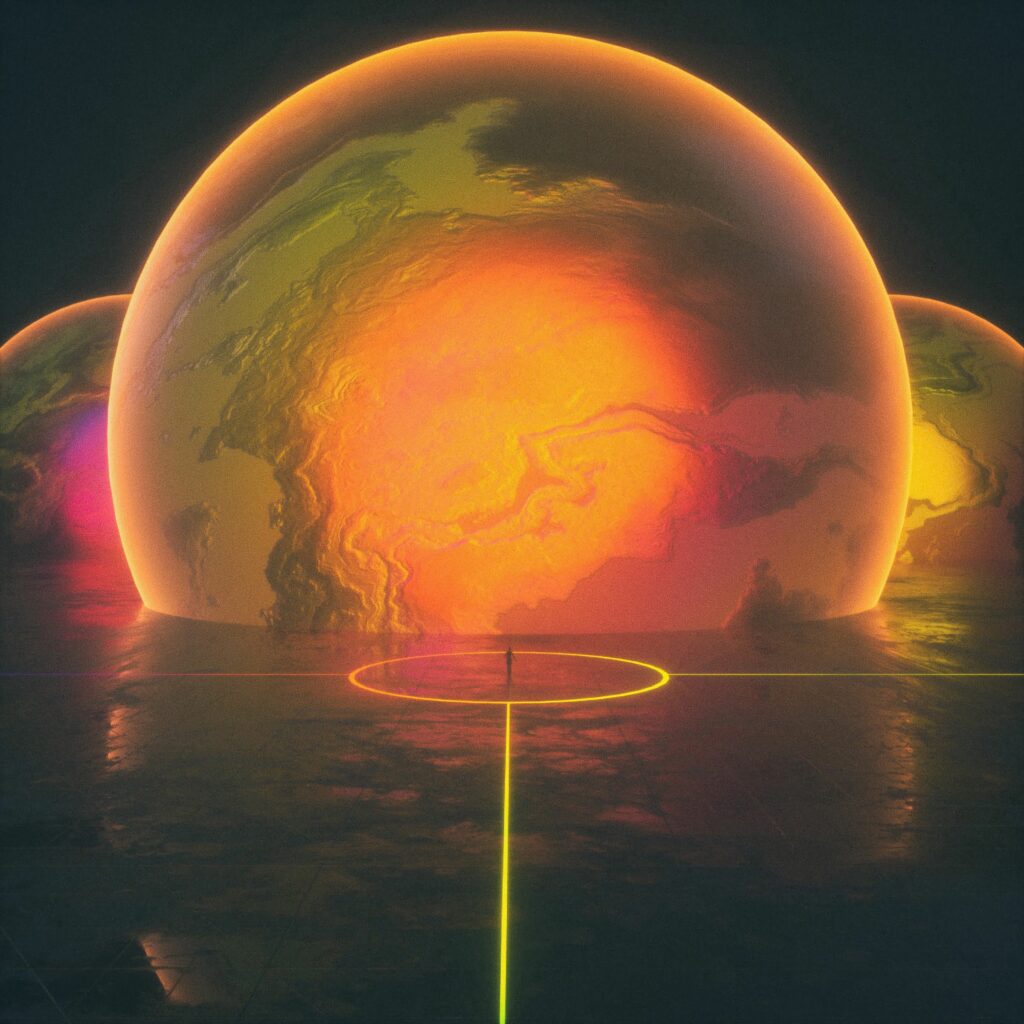 Mesmerizing 3D Sphere Wallpaper with Warm Glow & Silhouette