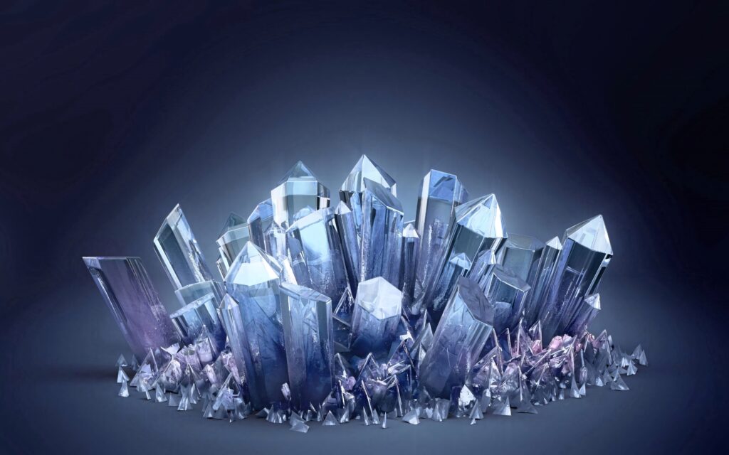 3D wallpaper of transparent white crystals with blue violet reflections on dark gradient background