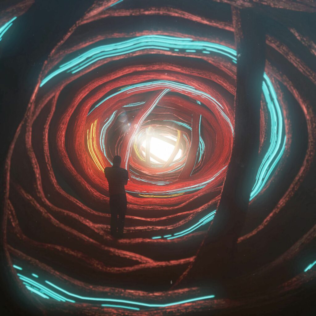 2560x2560 Surreal Silhouette in 3D Tunnel with Turquoise & Red Lights Wallpaper