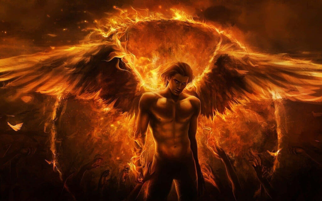 Dynamic 3D Digital Wallpaper: Fiery Winged Figure Amidst Explosions
