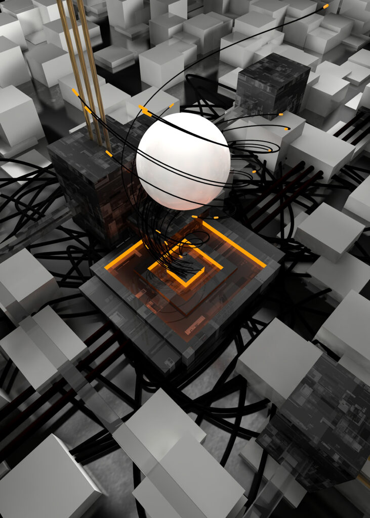 Mesmerizing 3D Black Cable Wallpaper with Glowing Sphere Design