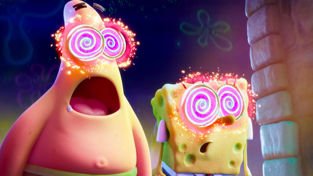 SpongeBob and Patrick hypnotized with glowing pink spirals in surreal underwater 3D wallpaper