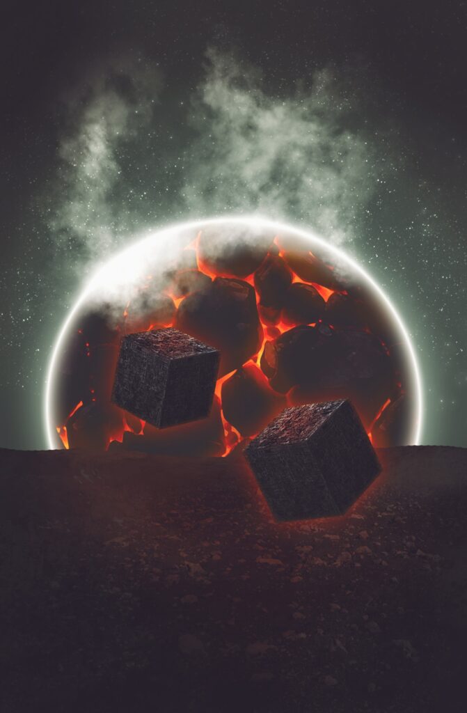 3D Ominous Cubes & Volcanic Sphere Wallpaper - Stunning Background
