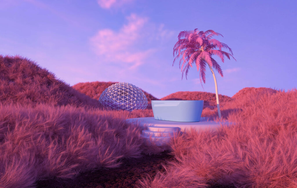 Surreal 3D Landscape Wallpaper: Pink Hills & Modern Dome Structure