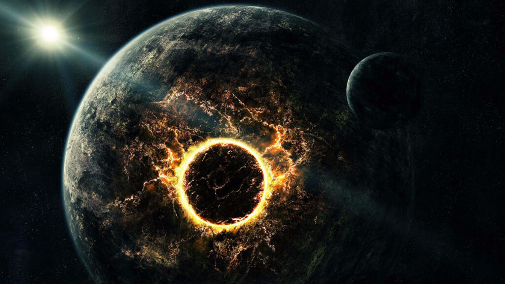 Ominous Planet 4K Wallpaper with Fiery Cracks and Cosmic Universe
