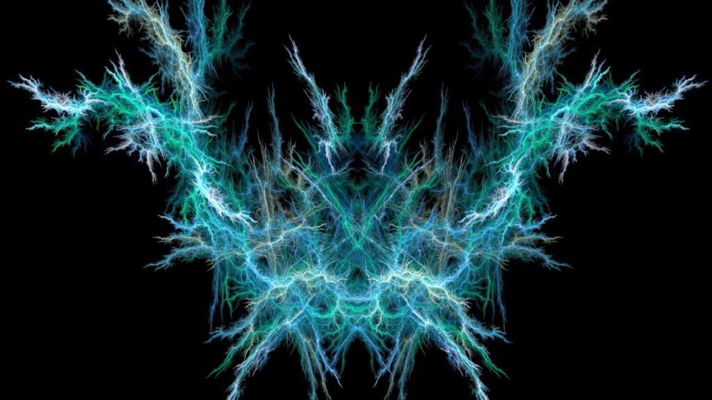Intricate Blue & Green Fractal Wallpaper on Black Background