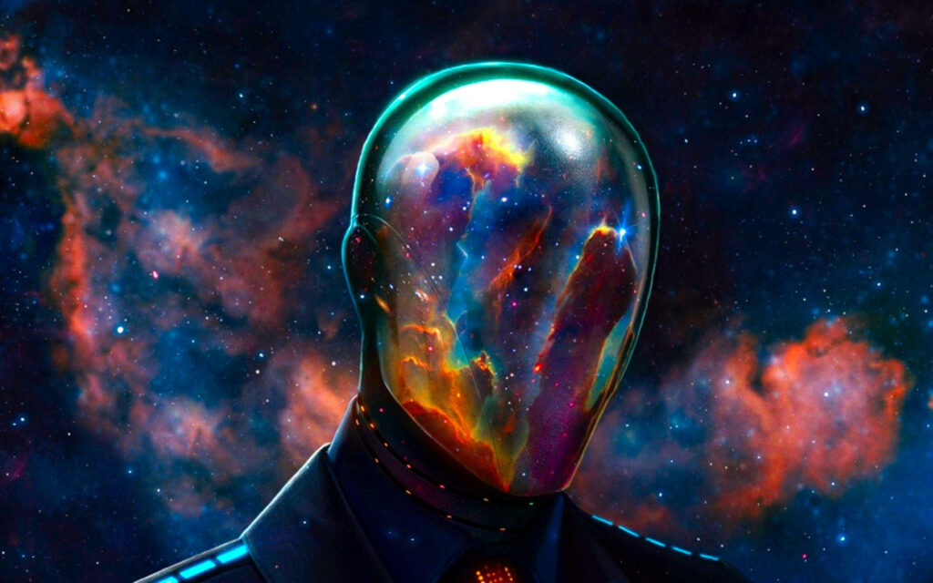 Vibrant Cosmic Wallpaper: Futuristic Faceless Figure & Starry Background
