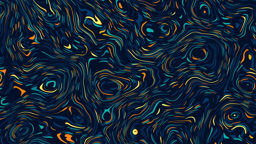Abstract wallpaper with vibrant turquoise yellow and orange fluid lines on deep navy background