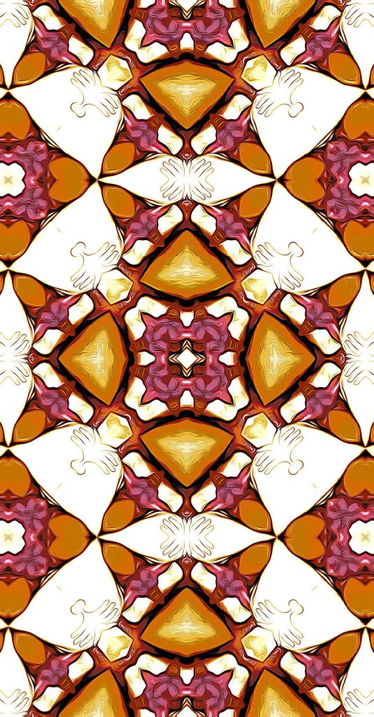 Fractal pattern wallpaper in amber gold and magenta with symmetrical kaleidoscopic design for iPhone