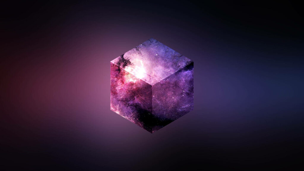 Mesmerizing glowing amethyst cube floating on dark cosmic purple and pink gradient background Wallpaper