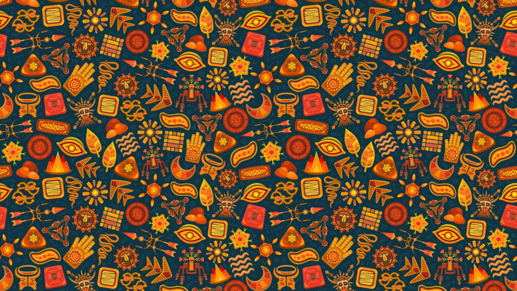 Aztec-inspired vibrant tribal wallpaper with geometric masks suns mystic eyes in warm hues