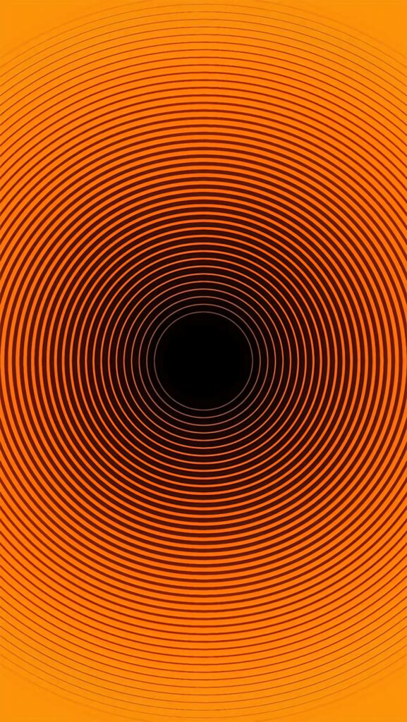 Abstract wallpaper with black hole illusion and vibrant orange concentric rings creating depth