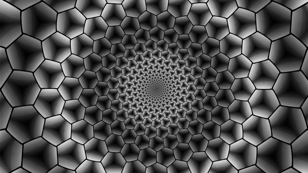 Black and white hexagon pattern wallpaper with recursive geometric vortex and infinite tunnel effect
