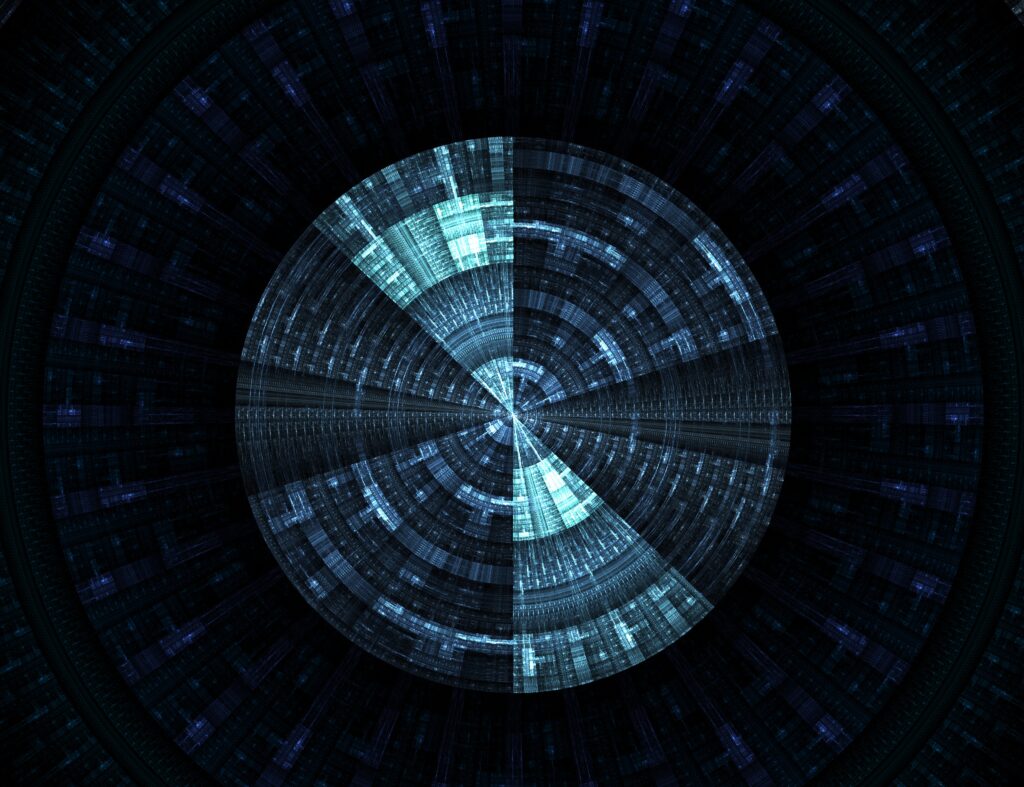Mesmerizing Fractal Wallpaper: Intricate Blue & Black Circular Patterns