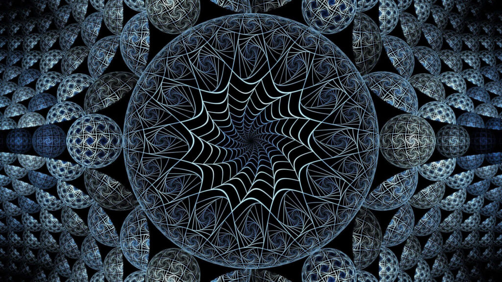 Abstract fractal spiral sphere with geometric orbs in cool blue and silver digital art wallpaper
