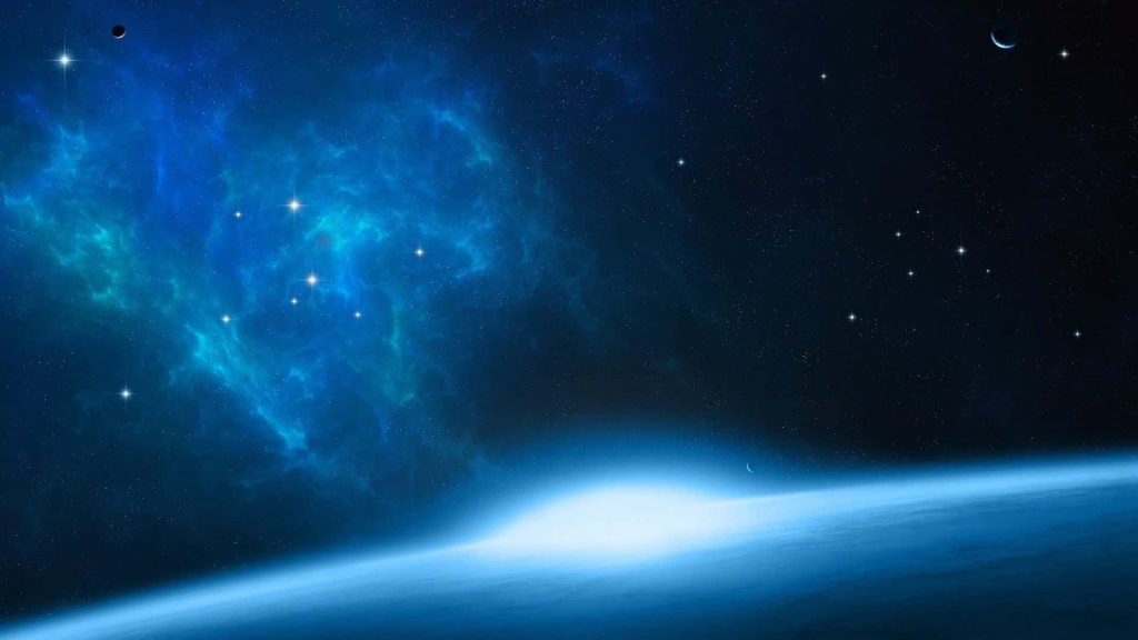 Digital space wallpaper with blue horizon distant planet twinkling stars and vivid nebula background