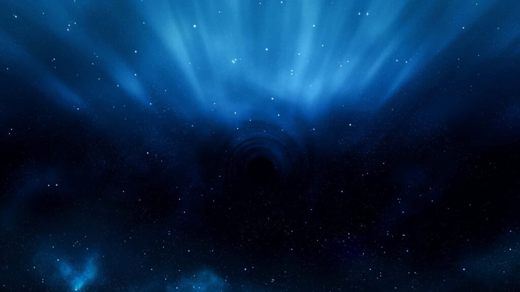 Vibrant blue nebula wallpaper with radiant cosmic glow, ethereal beams, and scattered stars.