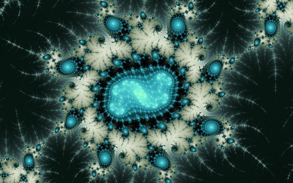 Mesmerizing Fractal Art: Blue and Turquoise Patterns on Dark Background Wallpaper