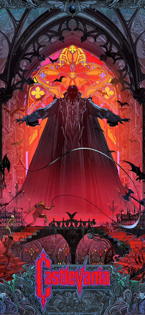 Eerie Castlevania Wallpaper: Gothic Castle & Cloaked Figure at Night
