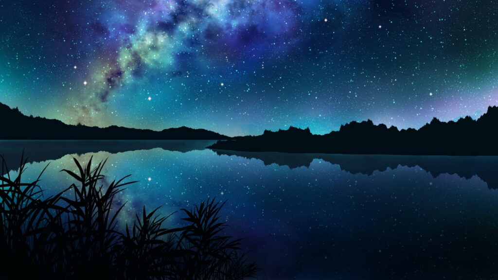 Spectacular Celestial Display: Majestic Mountains and Serene River | HD Wallpaper Capturing Nature's Wonderland