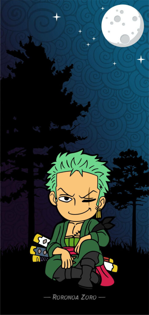 Midnight Marvel: Chibi Anime Art Featuring Roronoa Zoro Shines in Enchanting Dark Night Background Wallpaper