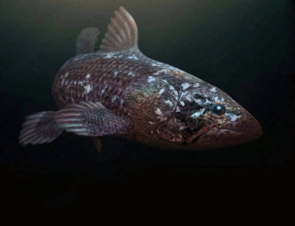 Coelacanth fish swimming in dark underwater scene with lobed fins and prehistoric texture wallpaper