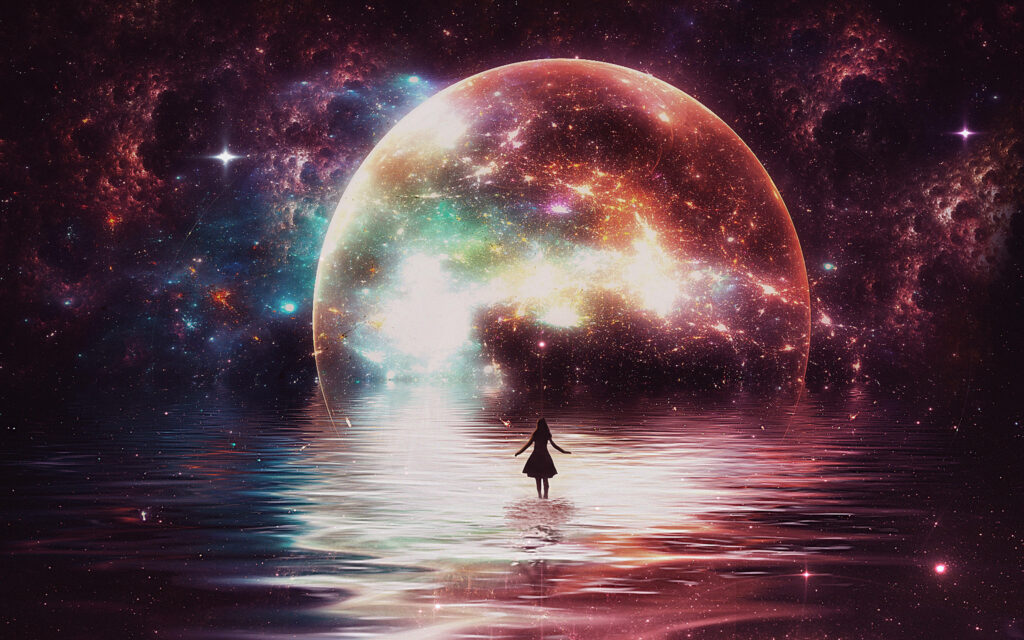 Mesmerizing Cosmic Wallpaper: Girl by Reflective Water & Moonlit Sky